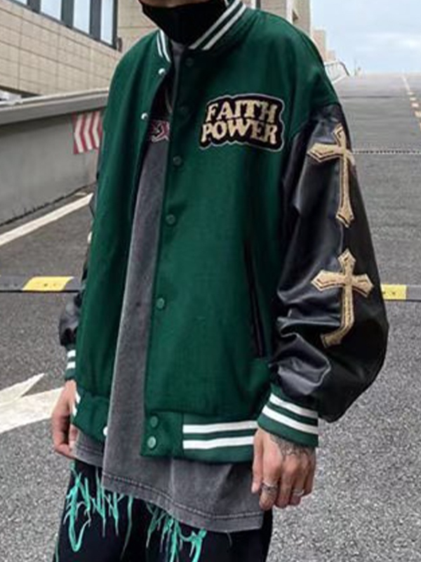 Men's Cross Embroidery Print PU Leather Patch Jacket-1