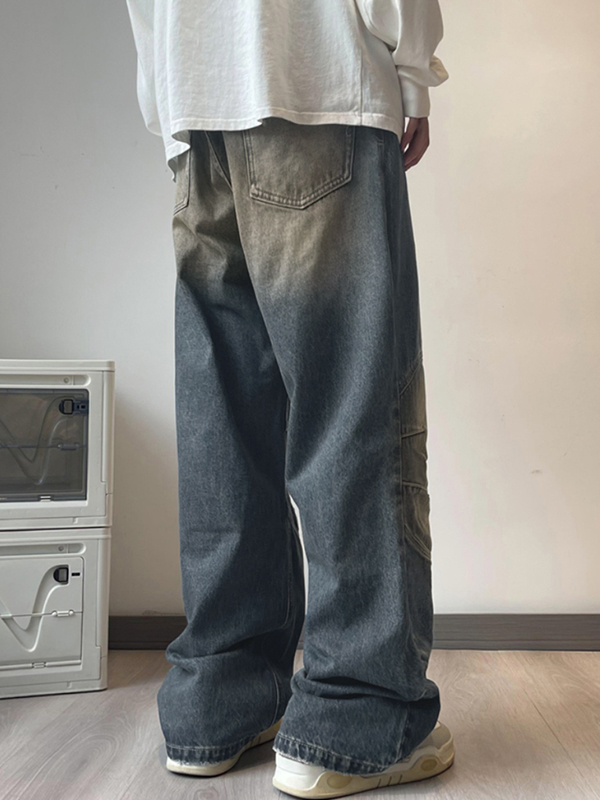 Men's Washed Distressed Ruched Loose Jeans-5