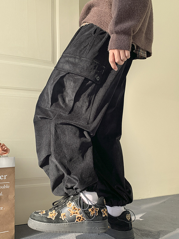 Men's Corduroy Big Pocket Bound Feet Drawstring Cargo Pants-3