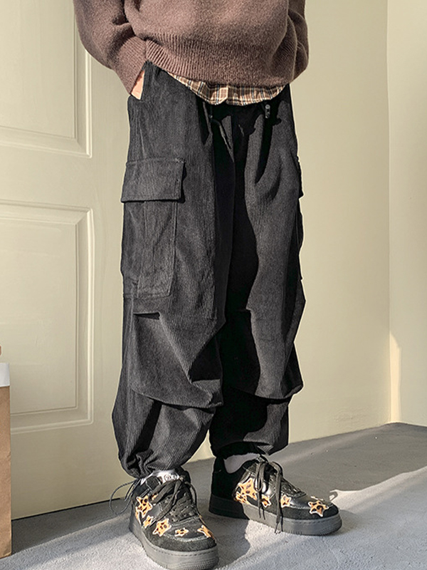 Men's Corduroy Big Pocket Bound Feet Drawstring Cargo Pants-1