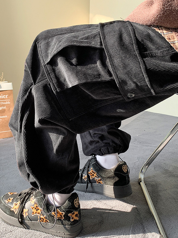 Men's Corduroy Big Pocket Bound Feet Drawstring Cargo Pants-4