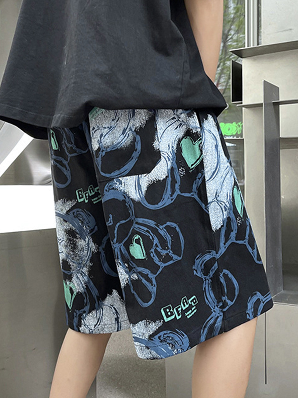 Men's Irregular Cartoon Bear Print Drawstring Shorts-2