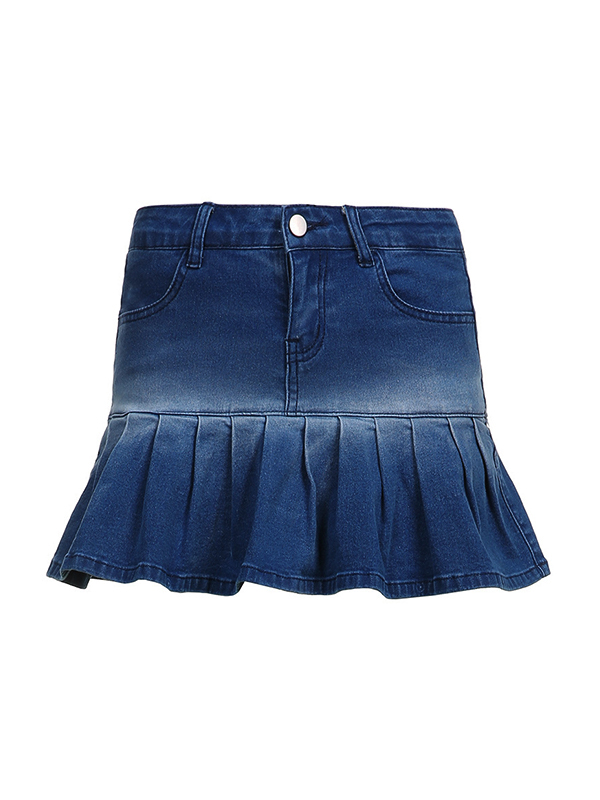 Vintage Pleated Ultra Short Denim Mini Skirt-1