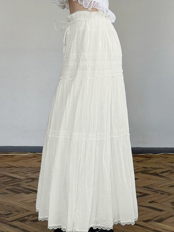 French Lace Splice Drawstring Maxi Skirt-2