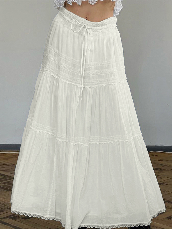 French Lace Splice Drawstring Maxi Skirt-1