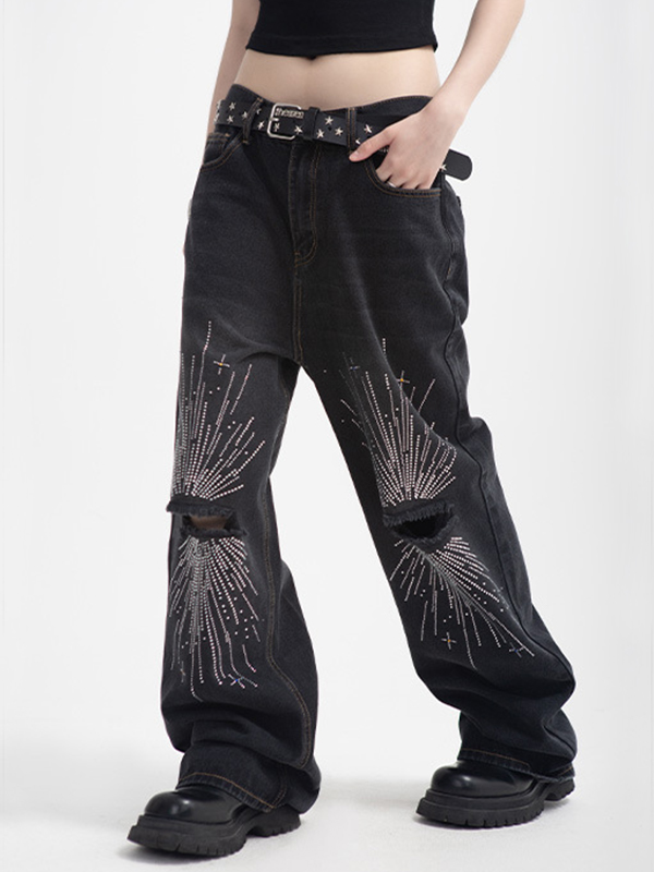Men's Firework Rhinestone Print Ripped Straight Leg Jeans-2