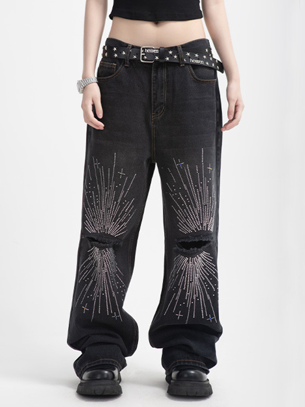 Men's Firework Rhinestone Print Ripped Straight Leg Jeans-3