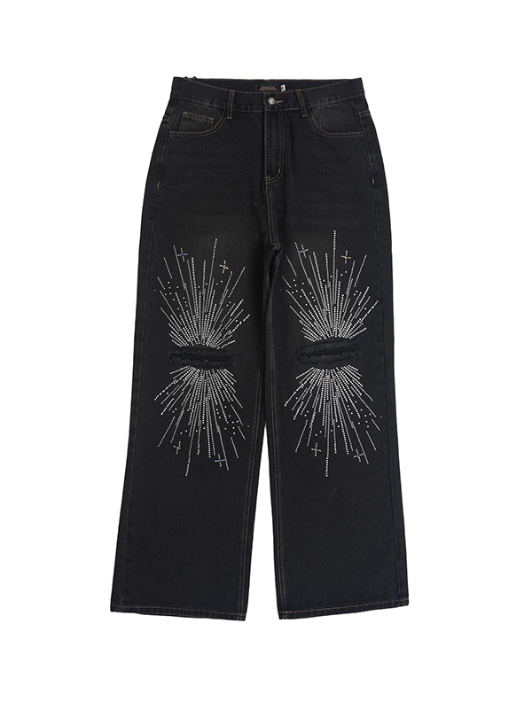 Men's Firework Rhinestone Print Ripped Straight Leg Jeans-4