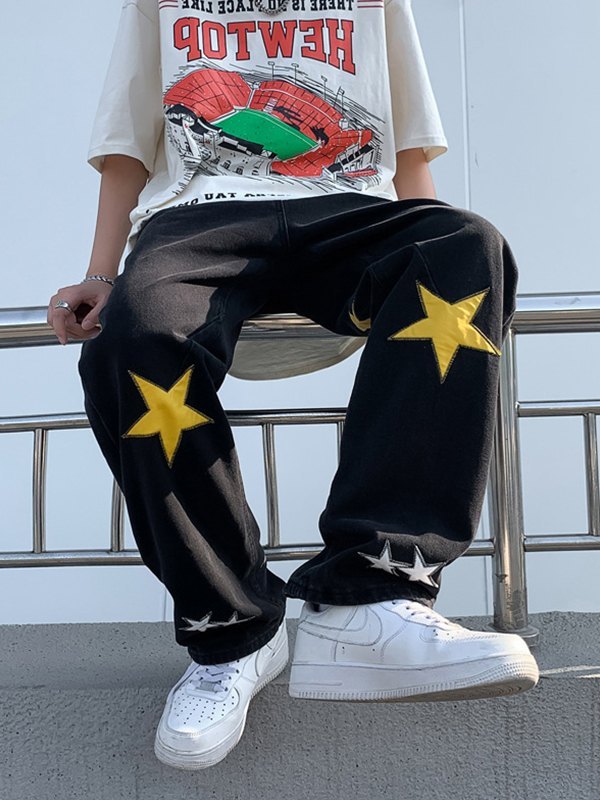 Men's Patch Star Graphic Loose Jeans-3