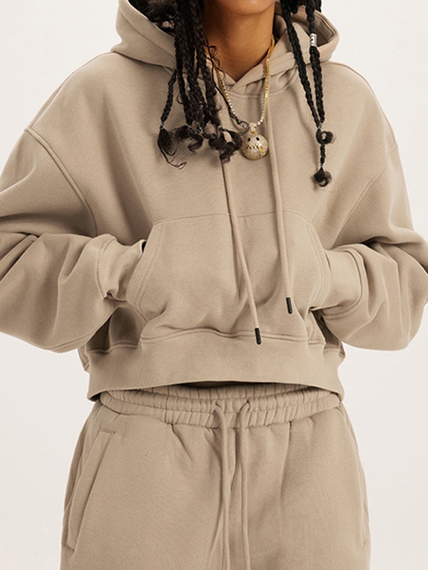 Solid Color Kangaroo Pocket Short Oversized Hoodie-1