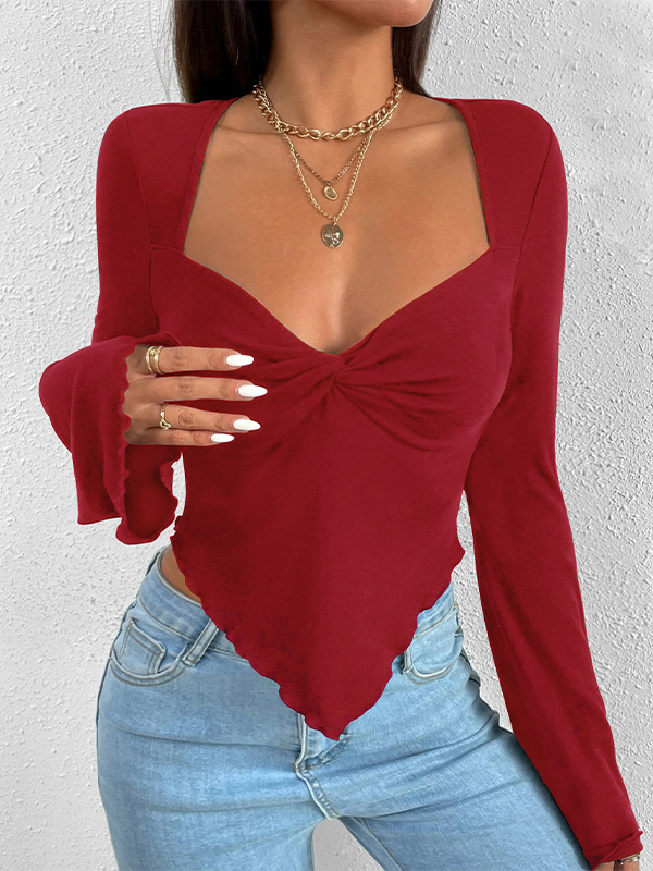 Solid V Neck Ruched Irregular Hem Knit Long Sleeve Tee-1