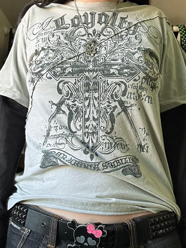 Gothic Cross Print 2 In 1 Long Sleeve Tee-1