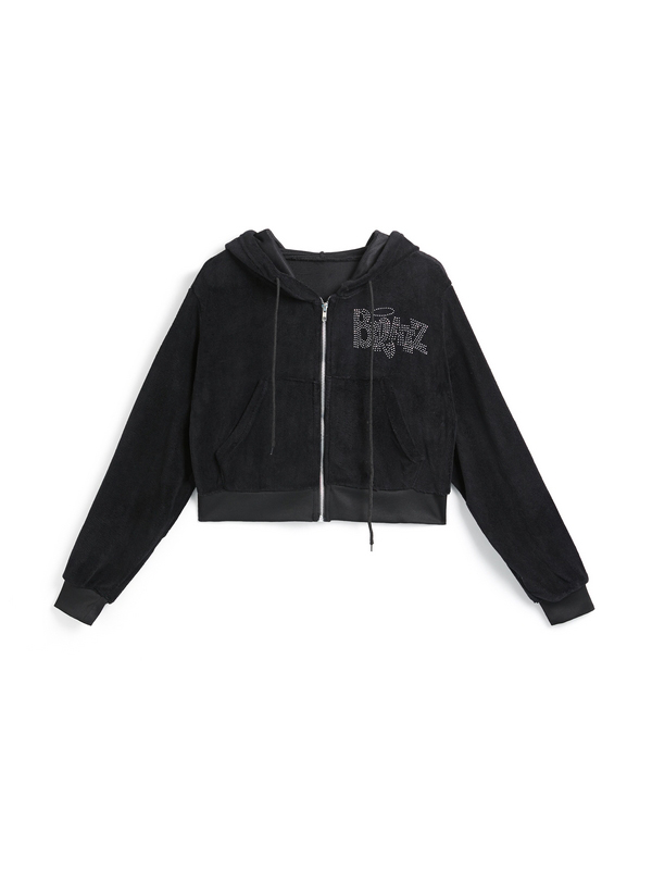 Letter Rhinestone Print Short Hoodie-3