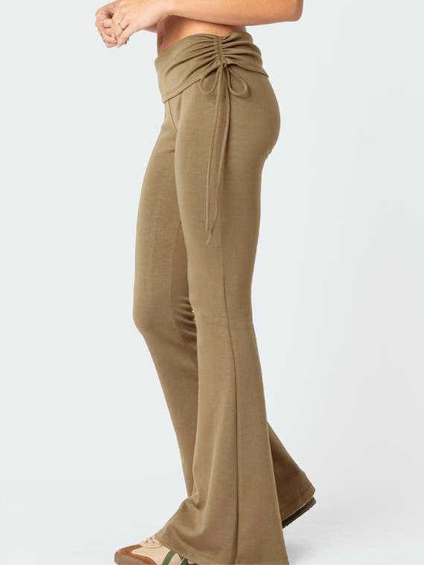 Solid Ruched Drawstring Flare Leg Pants-1