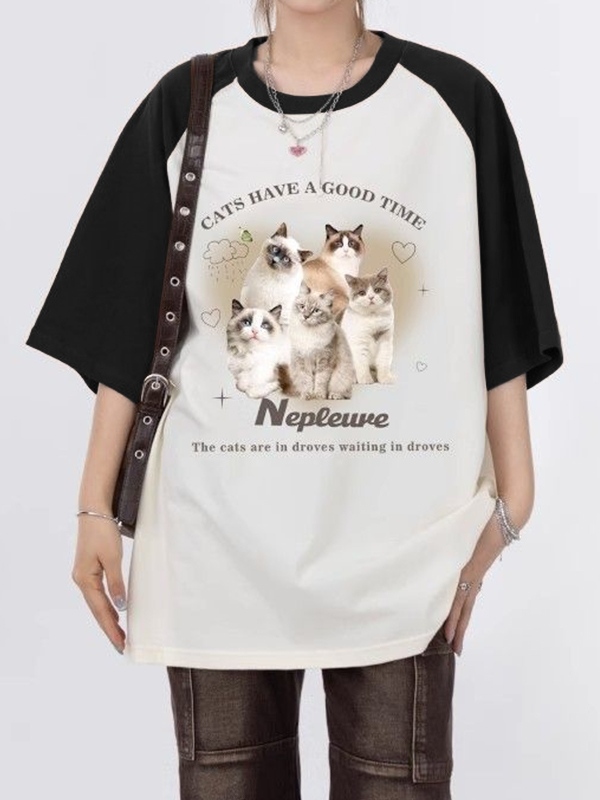 Vintage Cat Print Raglan Oversized Short Sleeve Tee-1