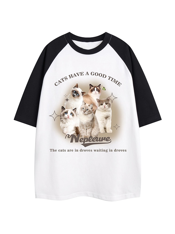 Vintage Cat Print Raglan Oversized Short Sleeve Tee-3