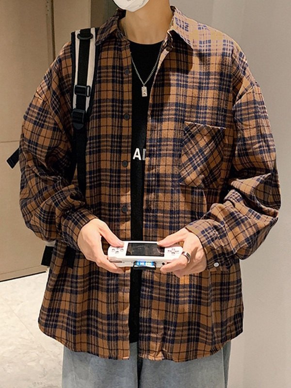 Men's Checkered Long Sleeve Button Down Shirts-1