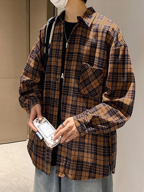 Men's Checkered Long Sleeve Button Down Shirts-4