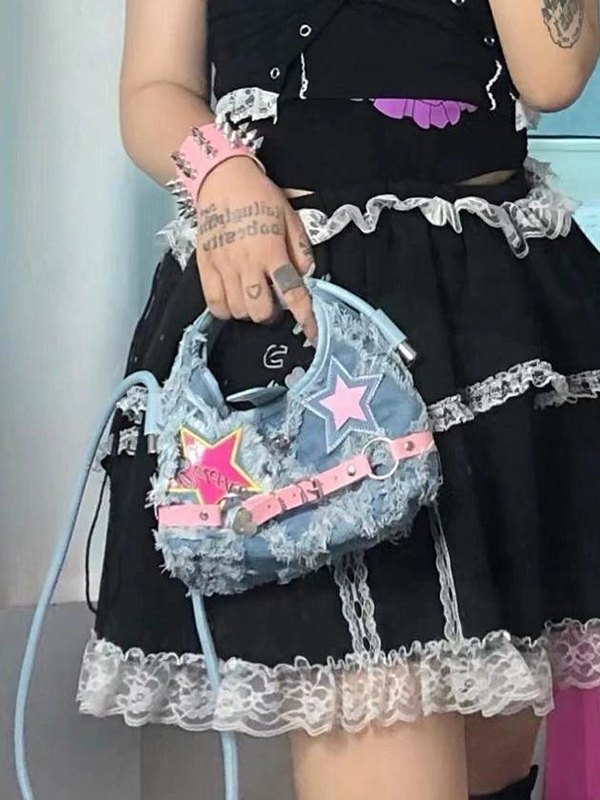 Denim Raw Edge Star Buckled Crossbody Bag-1