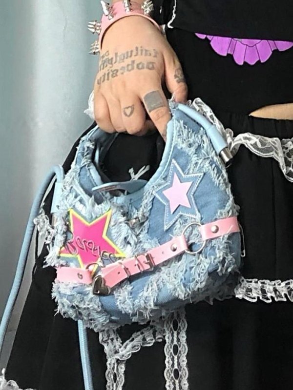 Denim Raw Edge Star Buckled Crossbody Bag-3