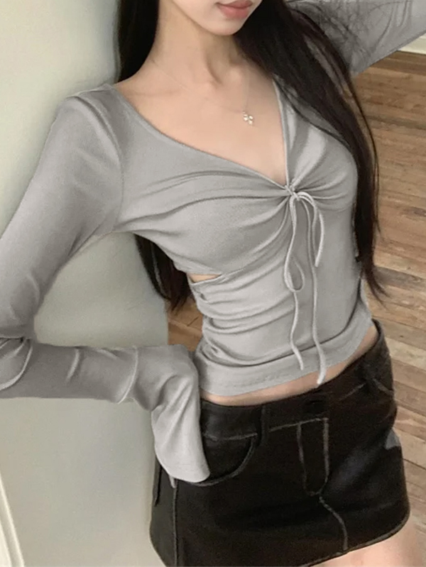 Solid V Neck Side Cutout Trumpet Sleeve Long Sleeve Knit-2